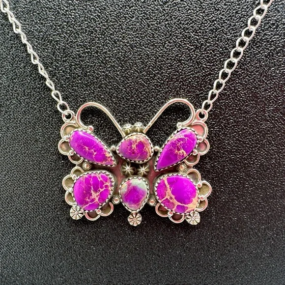 Sterling Silver 925 Purple Sea Sediment Jasper Butterfly Pendant Necklace 🦋